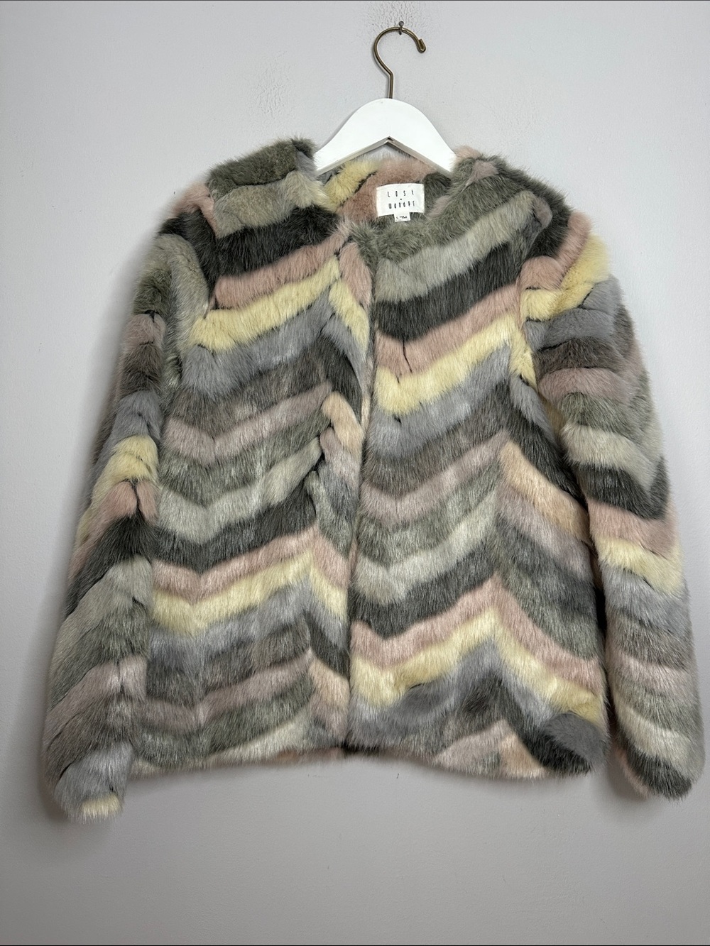 Multicolor Chevron Faux-Fur Jacket - Pastel Stripe size S